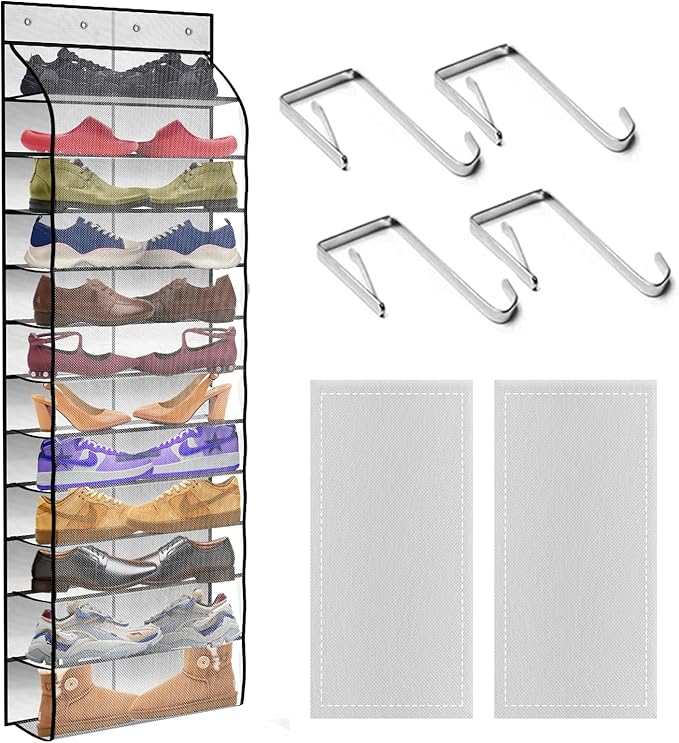 12 Pocket Over the Door Shoe Organizer,Reusable Breathable Large Mesh Bag Men's & Women's Sneaker Organizer,Shoe Organizer for Kids,Hanging Shoe Storage Hanging Bag (White)