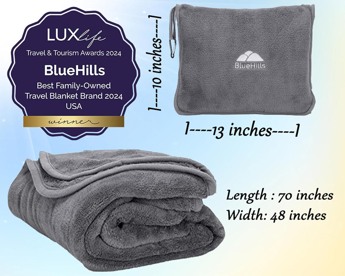 BlueHills Premium Soft Long Travel Blanket Pillow for Tall Airplane Flight Blanket Throw in Soft Bag case with Hand Luggage Belt & Backpack Clip Compact Pack Large Grey Gray T052