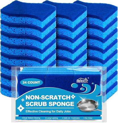 HOMEXCEL Sponges Kitchen 24pcs Non-Scratch for Dishes, Blue Scrub Cleaning Sponge for Non-Coated Cookware, Dishes, Pots, Pans, Dual Sided Dish Sponge for Kitchen, Household, Bathroom