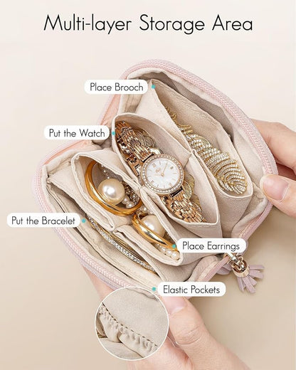 Vlando Small Jewelry Travel Case,Jewelry Pouch Bags with Zipper,Velvet Jewelry Organizer Storage Bag for Bracelet Rings Earring Travel Essentials Gifts for Women Girl-Pink