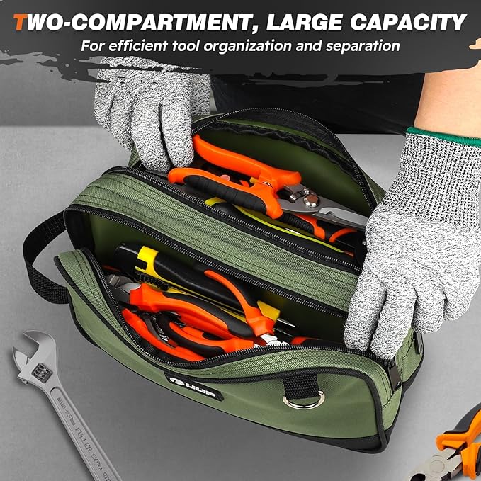 12 Inch Small Tool Bag 2 Pack, Zipper Tool Pouch Two Compartments, Utility ToolBag with Carrying Handle, Heavy Duty Tools Storage Organizer for Electrician Mechanic, Gift for Men Dad, Orange/Green