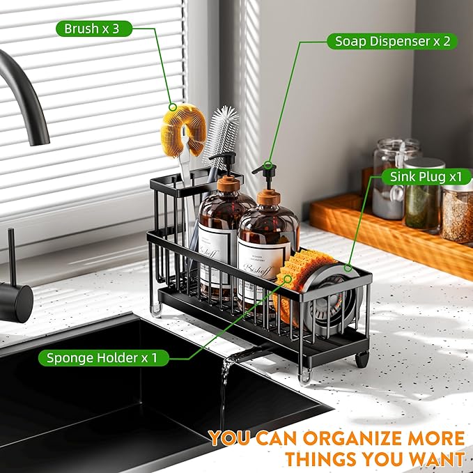 Cisily Extra Large Black Sponge Holder for Kitchen Sink, Sink Caddy Organizer with High Brush Holder, Kitchen Countertop Organizers and Storage Essentials, Rustproof 304 Stainless Steel