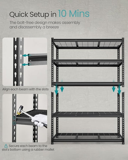 SONGMICS 5-Tier Storage Shelves, Heavy-Duty Garage Shelving, Adjustable Shelving Unit, Steel Shelf, Boltless Assembly, for Garage, Shed, 2,200 lb Load, 24 x 48 x 72 Inches, Ink Black UGLR454B01