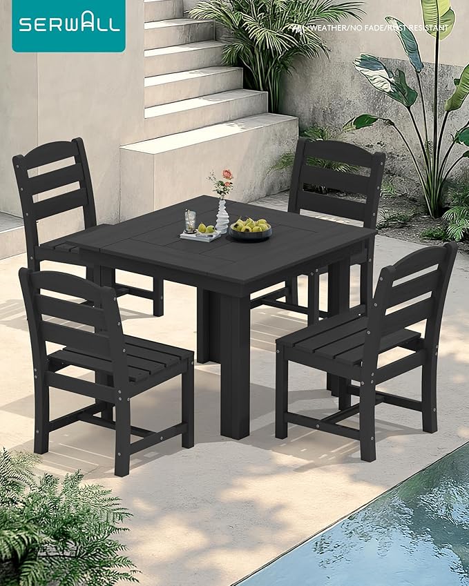 SERWALL Outdoor Dining Set for 4, HDPE Square Table and Chairs Set All Weather