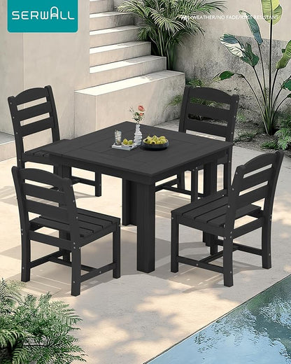 SERWALL Outdoor Dining Set for 4, HDPE Square Table and Chairs Set All Weather