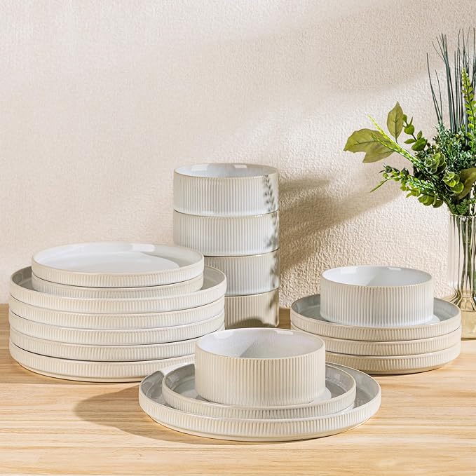 Ceramic Dinnerware Set for 6, 18-Piece Plates and Bowls Set | Lightweight