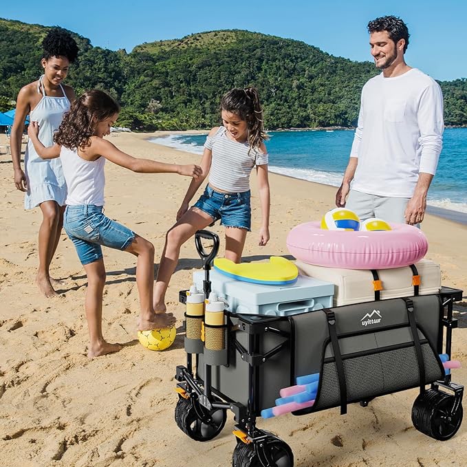 Collapsible Wagon Cart Heavy Duty Foldable, Folding Beach Wagon with Big Wheels for Sand, Utility Grocery Cart with Side Pocket and Brakes for Camping Sports Outdoor Activities, Grey
