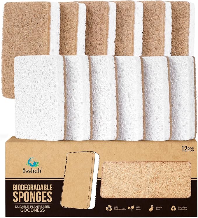 Plant-Based Kitchen Sponges - FSC Certified and PETA Approved, Natural, Eco-Friendly, Biodegradable Sisal Hemp Sponges for Dishes, Cleaning Sponge for Kitchen, Bathroom, Household - 12 Count