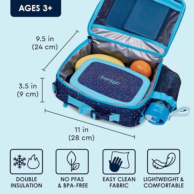 Bentgo Kids Lunch Bag - Double-Insulated, Reusable Lunch Bag for Kids 3+ with Adjustable Strap; Holds Lunch Box/Water Bottle/Snacks; Easy-Clean, Water-Resistant & Pockets (Confetti - Abyss Blue)