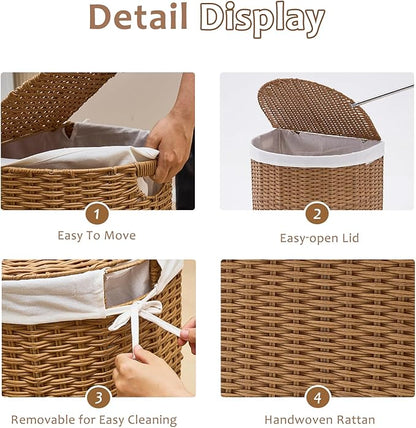 Wicker Half Moon Laundry Basket with Lid and 2 Replaceable Liner Bags, Handwoven Rattan Hamper for Dirty Clothes, Rattan, 60L