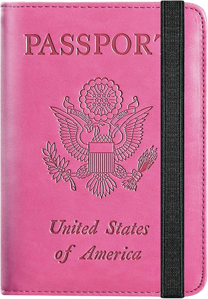 Passport Holder Cover Wallet Travel Essentials RFID Blocking Leather Card Case International Must Haves Travel Accessories for Women Men(101#Pink)