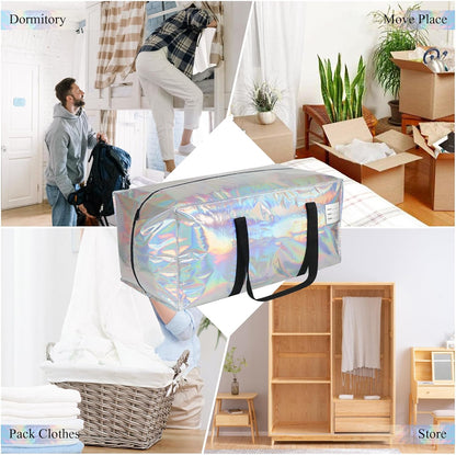 4 Pack Heavy Duty Moving Bags Extra Large Waterproof Foldable Clothing Storage Totes Bags with Zipper,Reinforced Handles,Packing Moving Boxes for Dorm & Seasonal Storage,Iridescent