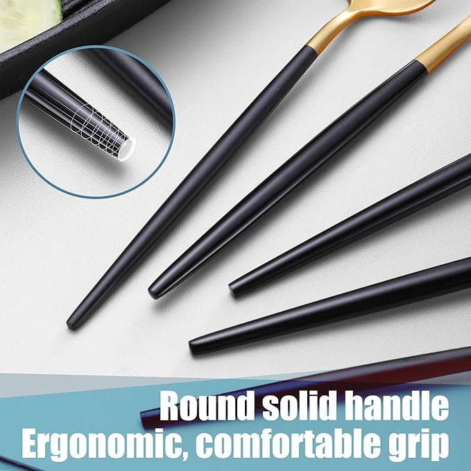 Lemeya Matte Black Gold Silverware Set for 6,Modern Stainless Steel Brushed Cutlery Set,30-Pieces Heavy Duty Flatware Set,Knives Spoons and Forks Set Utensils Set, Satin Finish, Dishwasher Safe