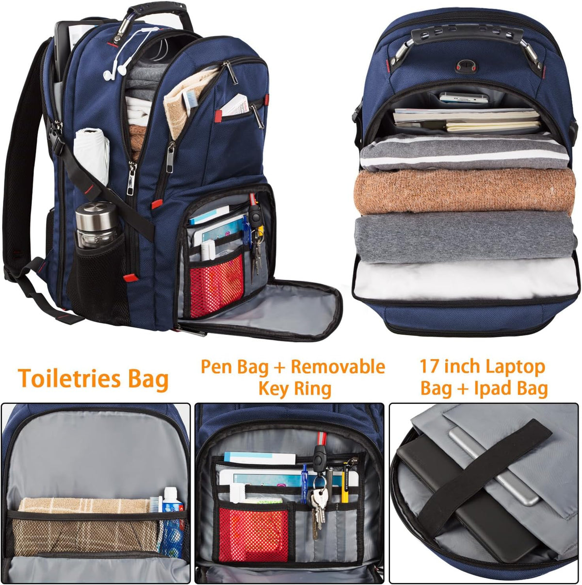 LTINVECK Extra Large 50L Travel Laptop Backpack, Computer bag Backbag with USB Charging Port, TSA Friendly Durable Big RFID Heavy Duty Business Tech Backpack Fits 17 Inch Laptops for Men Women, Blue