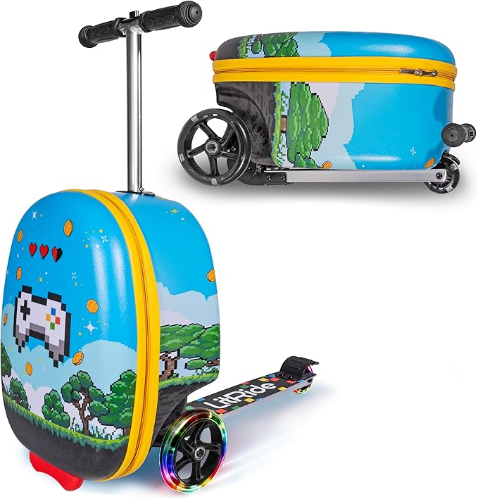 Hardshell Kids Ride-On Luggage with Scooter Suitcase – Carry-On Compliant with LED Light-Up Wheels – Fun and Functional Travel Companion for Children Ages 5–12