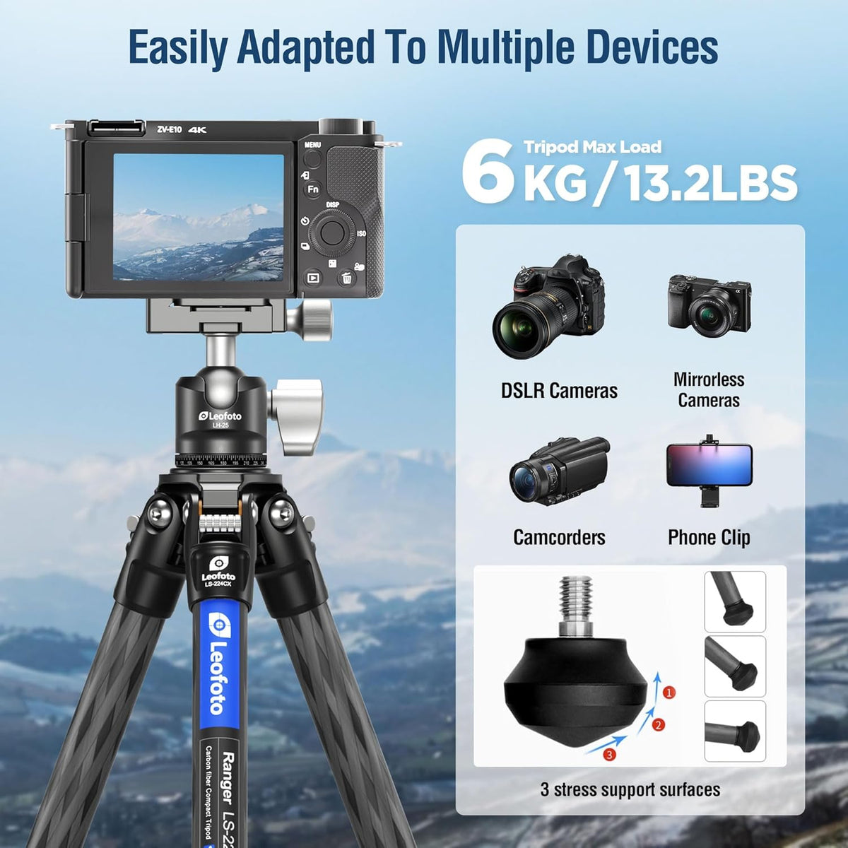 42.2" Carbon Fiber Travel Tripod with 4-Section Leg, Professional Shoot Tripod for Travel/Video/Live Streaming, Max Load 13.23lb with 1/4"-20 Threaded Accessory Socket