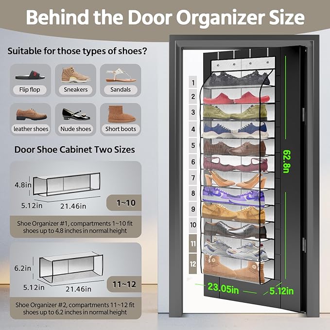 12 Pocket Over the Door Shoe Organizer,Reusable Breathable Large Mesh Bag Men's & Women's Sneaker Organizer,Shoe Organizer for Kids,Hanging Shoe Storage Hanging Bag (White)