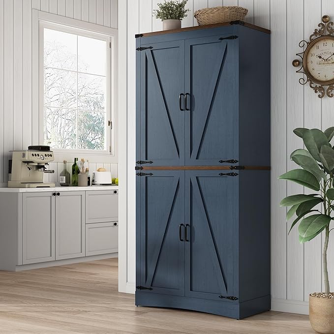 71in Farmhouse Kitchen Pantry Cabinet,Tall Storage Cabinet with 4 Doors and Adjustable shelves,with Load-Bearing Steel Pipe,Wood Storage Cabinets for Kitchen,Dining Room,Bathroom(Rustic Blue)