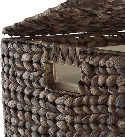Casafield Laundry Hamper with Lid and Removable Liner Bag - Espresso, Woven Water Hyacinth Square Laundry Basket Sorter for Clothes and Towels