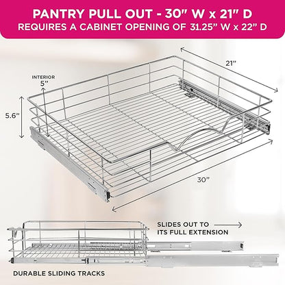HOLDN’ STORAGE Heavy-Duty Premium Collection Pull Out Cabinet Organizer, Cabinet Drawer Slide Outs, Lifetime Limited Warranty - Basket Size 30" W x 21" D x 5" H, Anti-Rust Chrome Finish