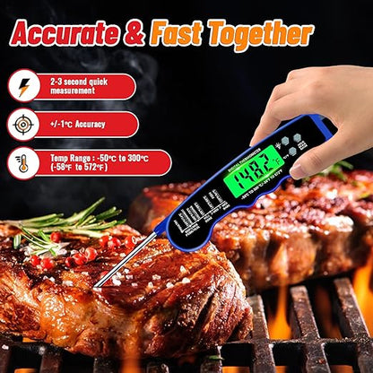 Meat Thermometer Digital, Instant Read Meat Thermometer with Backlight & Magnet for Kitchen, Beef, Grill, Turkey,IP67 Waterproof Cooking Thermometer，Suitable as Stocking Stuffers for Men