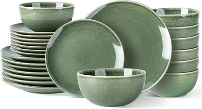 AmorArc Ceramic Dinnerware Sets for 8, 24 Pieces Handpainted Plates and Bowls Set, Scratch Resistant Stoneware Dishes Set, Dishwasher & Microwave Safe, Jade Green