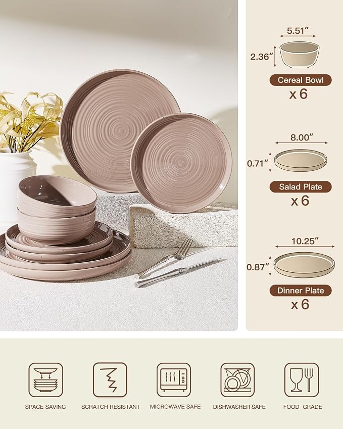 Stoneware Dinnerware Set for 6, Plates and Bowls, Chip & Scratch Resistant