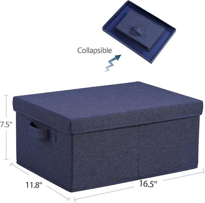 HOONEX Foldable Storage Bins with Lids, Pack of 2, Storage Boxes with 2 Carrying Handles and Heavy Cardboard, 16.5" L x 11.8" W x 7.5" H for Shoes, Clothes, Blue