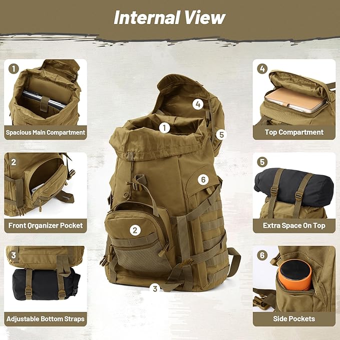 50L Tactical Backpack for Men and Women, Water-Resistant Molle Rucksack, Large Military Assault Pack for Hiking, Hunting, Camping, Gym & Outdoor Survival Khaki