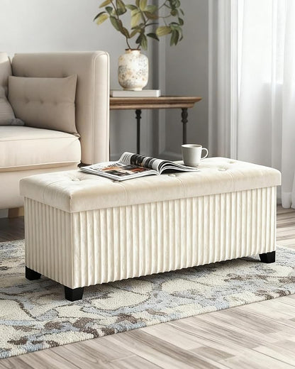 Storage Ottoman Bench, 43 Inch Foldable Ottoman with Legs, Velvet Foot Rest Stool, End of Bed Bench, Storage Chest for Living Room, Bedroom (Beige)