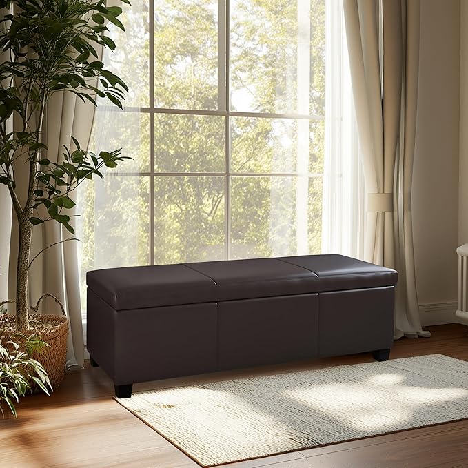 BELLEZE Storage Faux Leather Ottoman, 47 Inch Bench Bedroom Bench with Safety Close Hinge, Extra Long Ottoman with Storage for Living Room, Entryway, Hallway, Foot Rest, Support 300lbs - Brown