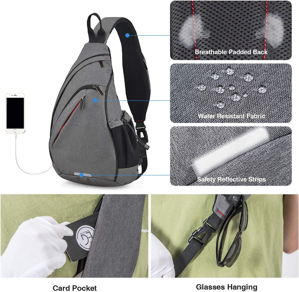 mixi Sling Bag Men Backpack Unisex One Shoulder Bag Hiking Travel Backpack Crossbody with USB Port for Men Women Versatile Casual Daypack-20 inch,Gery