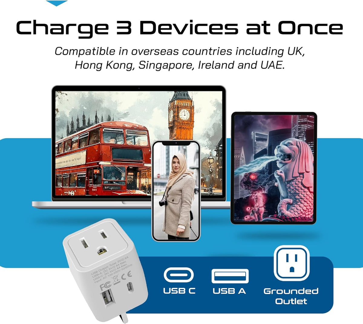 Ceptics UK adapters for travel to London, Hong Kong, Ireland - USB-A + USB-C & USA Input - Type G Adapter Grounded - Ideal for Phone, Laptop, Cameras