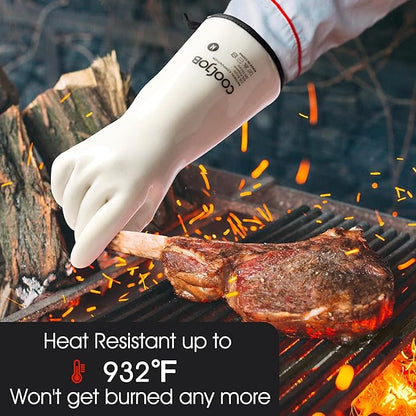 COOLJOB Heat Resistant Oven Gloves, Waterproof Liquid Silicone BBQ Grilling Gloves for Barbecue, Kitchen Cleaning, Baking, Food Contact, White, Large