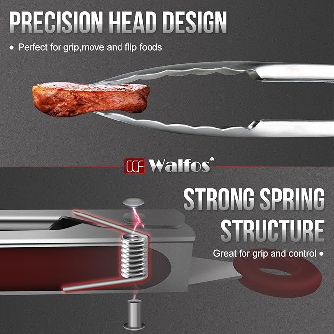 Walfos Stainless Steel Kitchen Tongs - 7, 9 & 12 Inch Heavy Duty Locking Metal Tongs for Cooking, BBQ Grilling, Set of 3 Non-Slip Grip (Wine Red)