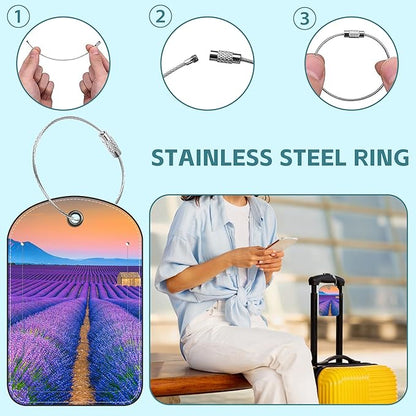 Purple Lavender Luggage Tag for Suitcase Set of 2 PU Leather Cute Luggage Tags with Stainless Metal Loop ID Label Privacy Flap Suitcase Tags for Women and Men Travel