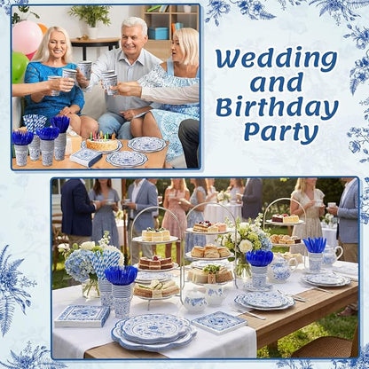 450 Pcs Blue Floral Tableware Set Decorations, Serves 50 | Blue White