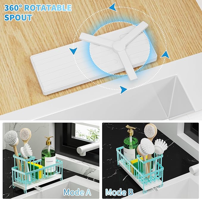 Cisily Turquoise Sponge Holder for Kitchen Sink, Sink Caddy Organizer with High Brush Holder, Kitchen Countertop Organizers and Storage Essentials, Rustproof 304 Stainless Steel, Soap Dispenser