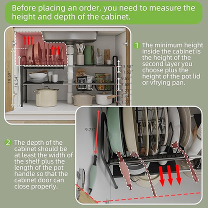 NETEL Adjustable Under Sink Organizers and Storage,Pots and Pans Organizer Under Kitchen Cabinet,Pan Lid Organizers inside Cabinet,Expandable Cabinet Storage Shelf with Pan Rack and 7 Dividers