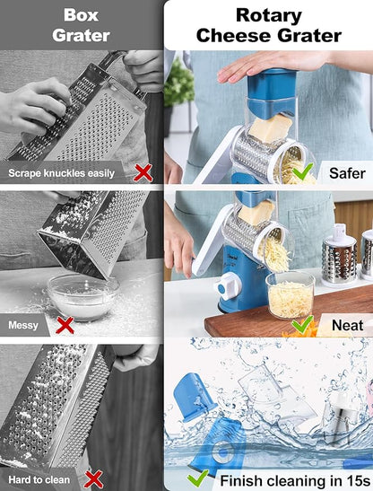 Cheese Grater Rotary, Rotary Grater for Kitchen, Kitchen Grater Vegetable Slicer with 3 Drum Blades, Fast Cutting Cheese Shredder for Vegetables and Nuts