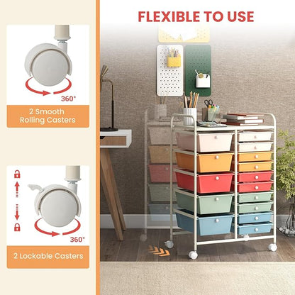 GOFLAME 15-Drawer Rolling Storage Cart, Multipurpose Movable Organizer, Utility Cart for Home, Office, School, Macaron Color