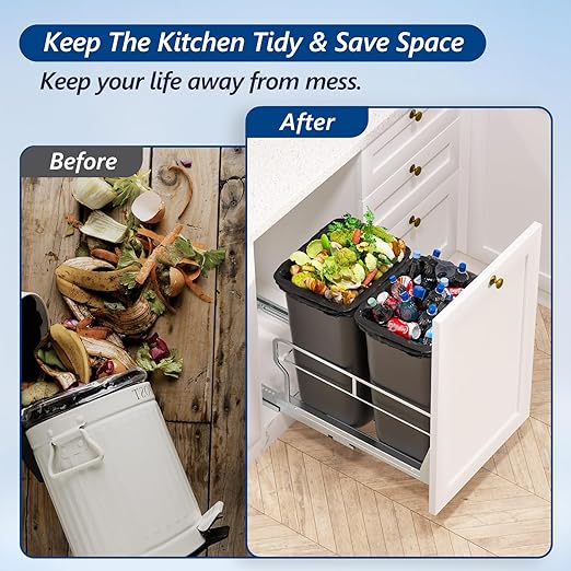 Insputer Dual Pull Out Trash Can Under Cabinet with Soft-Close Slides, Heavy Duty Under Sink Trash Can Kit for Kitchen Sink, Laundry, Garbage Can Not Included, Requires 17" W X 24" D Cabinets