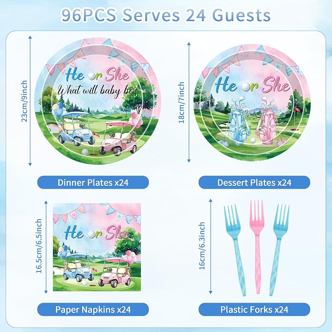 96 Pcs Golf Gender Reveal Decorations, He or She Tableware Set | Golf Cart Theme
