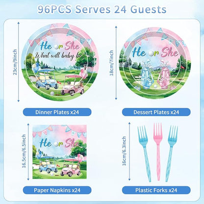 96 Pcs Golf Gender Reveal Decorations, He or She Tableware Set | Golf Cart Theme