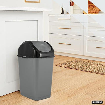 Superio Office Trash Can with Lid 9 Gallon Kitchen Garbage Can Bedroom Waste Basket 37 Qt. Swing Top Trashcan Plastic Durable Waste and Recycle Bin (2, Grey/Black)
