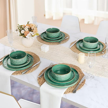 LIANYU Dinnerware Sets for 6, 18 Piece Plates and Bowls Dish Set, Ceramic Dinner Ware Dishware for Kitchen Dining, Microwave & Dishwasher Safe, Emerald Green
