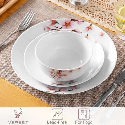 VEWEET Porcelain Dinnerware Sets for 4, 12 Pieces Plates and Bowls Set with Pink Floral, Kitchen Dishes Set Dining Ware for Family, Microwave and Dishwasher Safe, Series ANNIE