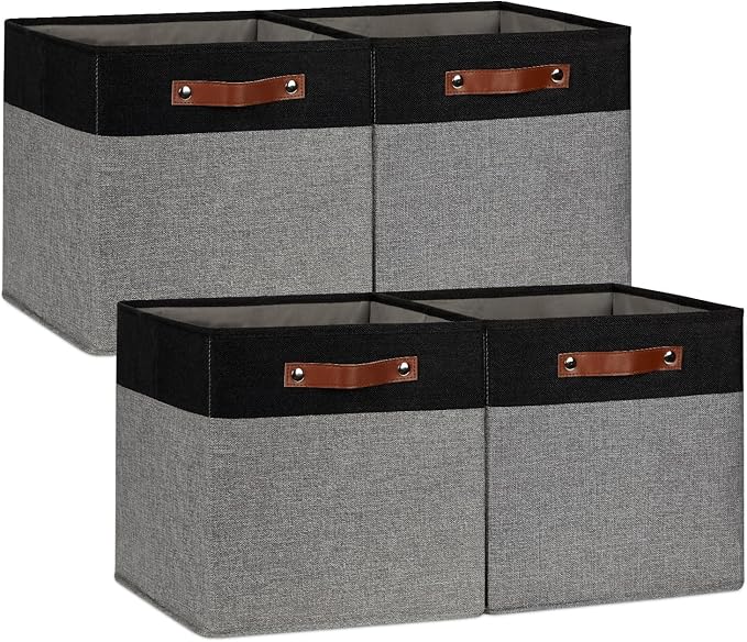 DULLEMELO 12x12 Storage Cubes, Collapsible Sturdy Cube Storage Bins With Handles for Organizing,Fabric Storage Cubes Baskets for Shelves Nursery Closet Home Organization and Storage (Black&Grey)