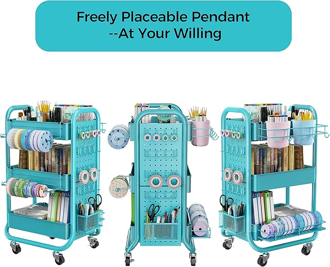 DESIGNA 3-Tier Utility Storage Rolling Cart with Removable Pegboard & Extra Storage Baskets Hooks, Metal Craft Art Carts for Gift Home Office, Teal