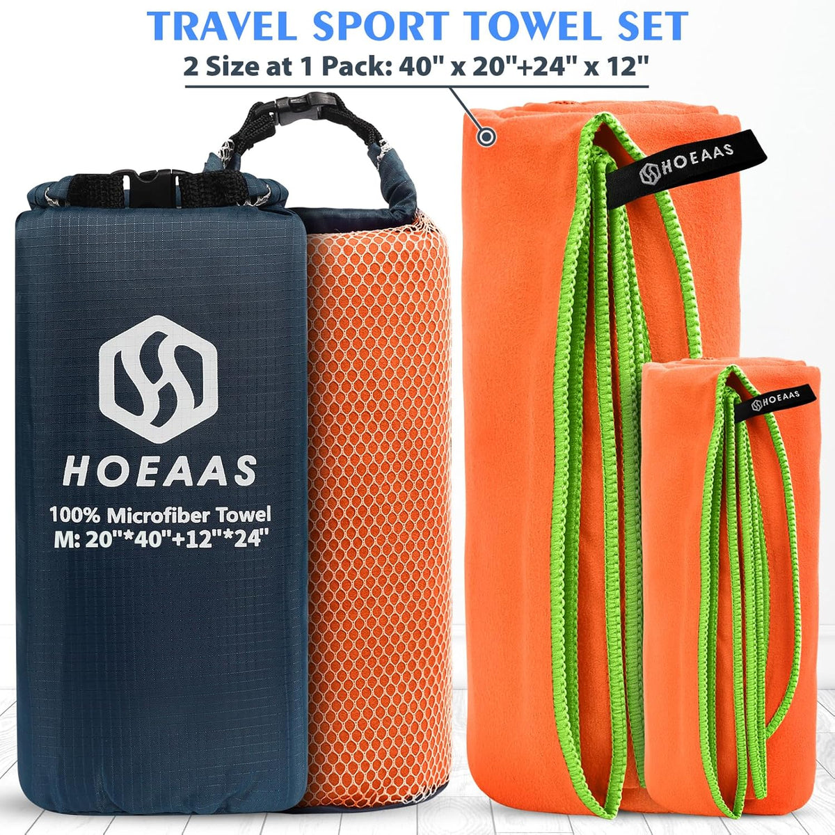 HOEAAS 2 Pack Microfiber Camping Towels, Quick Dry Towel, Super Absorbent Ultra Compact Travel Towel Soft Lightweight Sports Towel for Sweat Fast Drying Towels for Pool,Gym,Hiking,Backpacking,Fitness